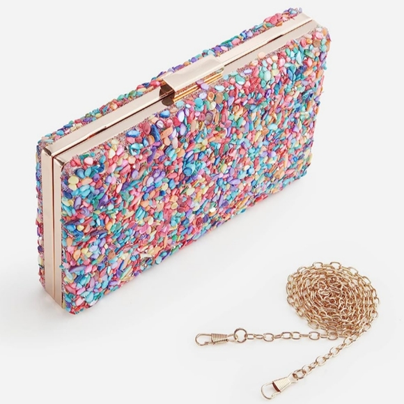 Mixed Stone Hard Case Clutch Bag Small Box Purse Crossbody Chain Multicolor